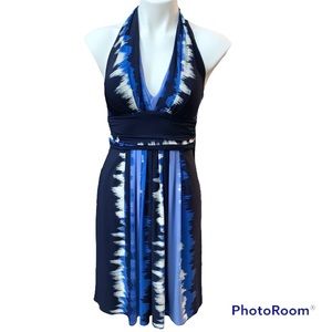 Maggy London Blue Shibori Tie Dye Print Halter Dress - Size 4P 4 Petite